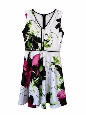 Reed Floral Fit & Flare Dress Medium White Pink Wedding Guest Sleeveless